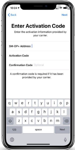 eSIM Activation Code screen for iPhone devices. 