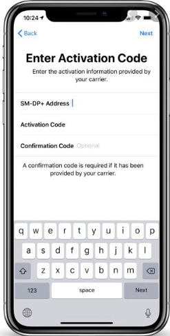 eSIM Activation Code screen for iPhone devices.